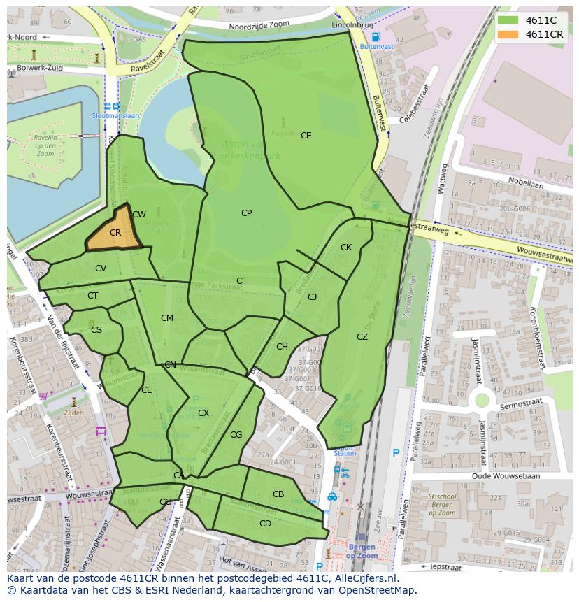 Afbeelding van het postcodegebied 4611 CR op de kaart.