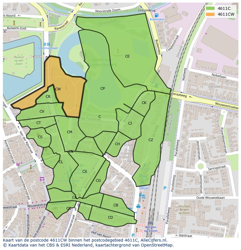 Afbeelding van het postcodegebied 4611 CW op de kaart.