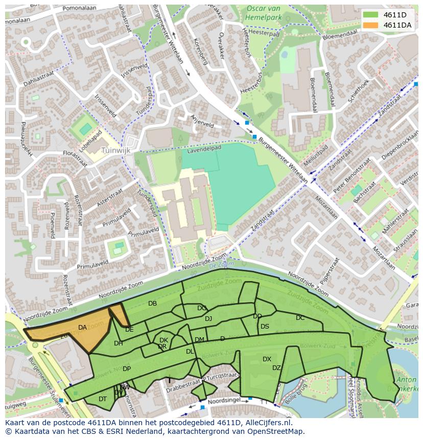Afbeelding van het postcodegebied 4611 DA op de kaart.