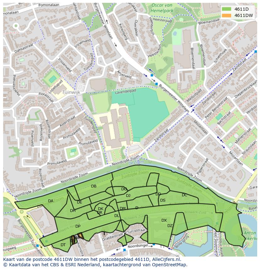 Afbeelding van het postcodegebied 4611 DW op de kaart.