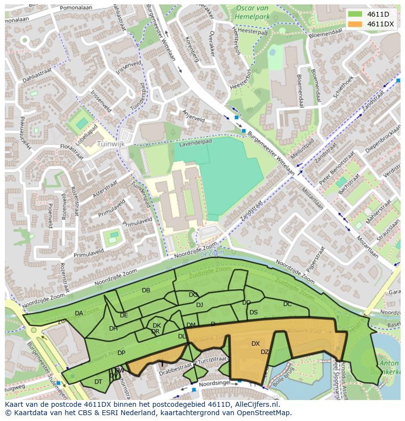 Afbeelding van het postcodegebied 4611 DX op de kaart.