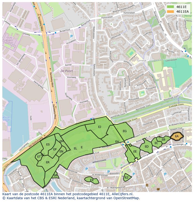 Afbeelding van het postcodegebied 4611 EA op de kaart.