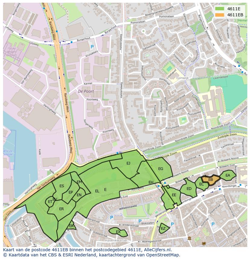 Afbeelding van het postcodegebied 4611 EB op de kaart.