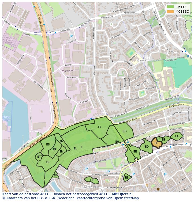 Afbeelding van het postcodegebied 4611 EC op de kaart.