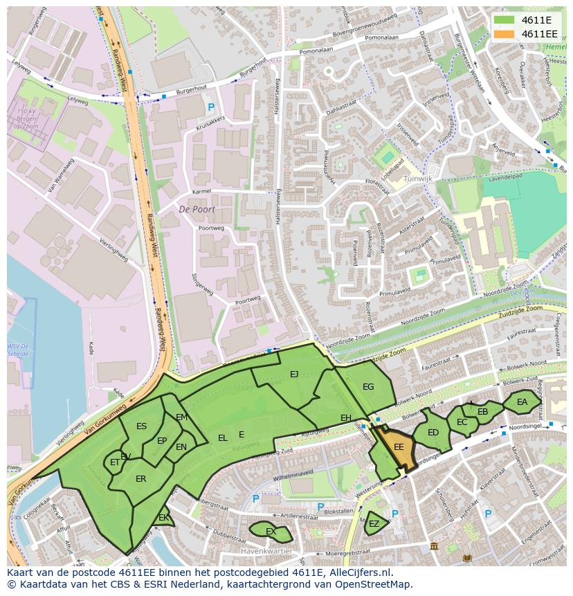 Afbeelding van het postcodegebied 4611 EE op de kaart.
