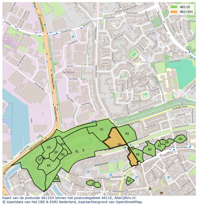 Afbeelding van het postcodegebied 4611 EH op de kaart.
