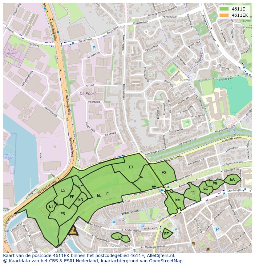 Afbeelding van het postcodegebied 4611 EK op de kaart.