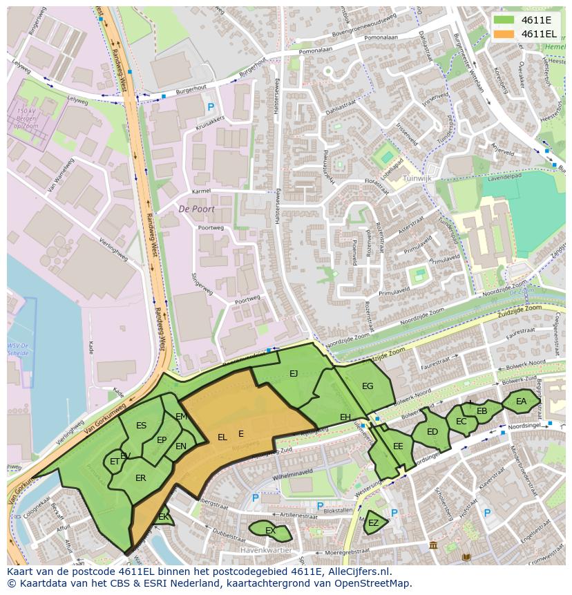 Afbeelding van het postcodegebied 4611 EL op de kaart.