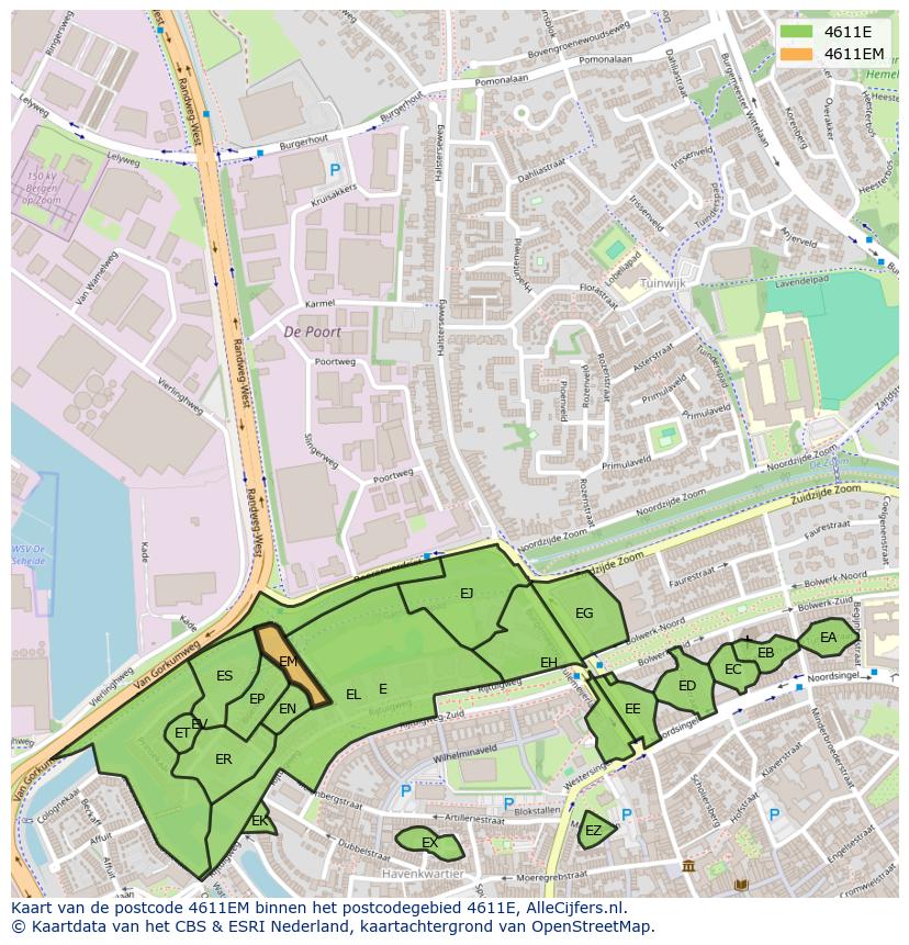 Afbeelding van het postcodegebied 4611 EM op de kaart.