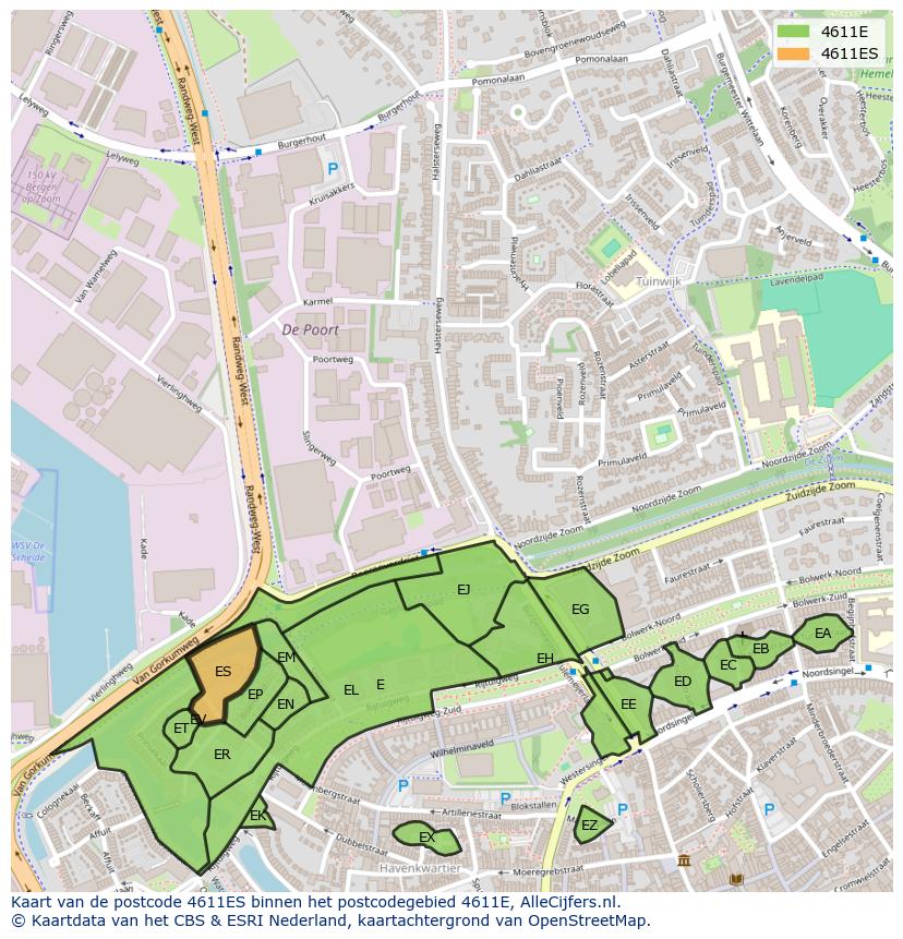 Afbeelding van het postcodegebied 4611 ES op de kaart.