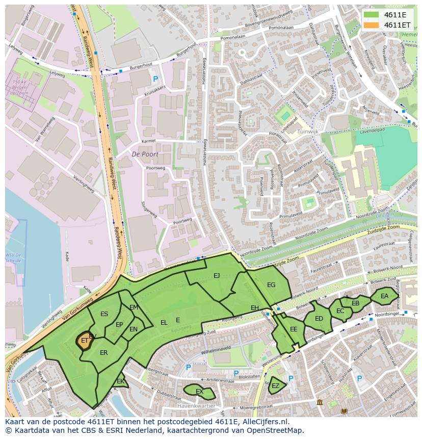 Afbeelding van het postcodegebied 4611 ET op de kaart.