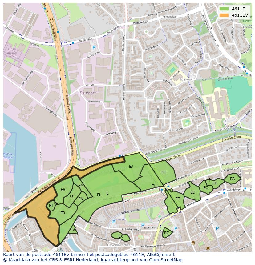 Afbeelding van het postcodegebied 4611 EV op de kaart.