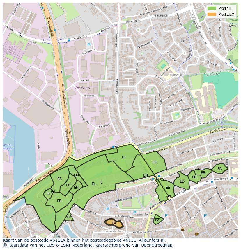 Afbeelding van het postcodegebied 4611 EX op de kaart.
