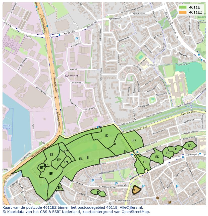 Afbeelding van het postcodegebied 4611 EZ op de kaart.
