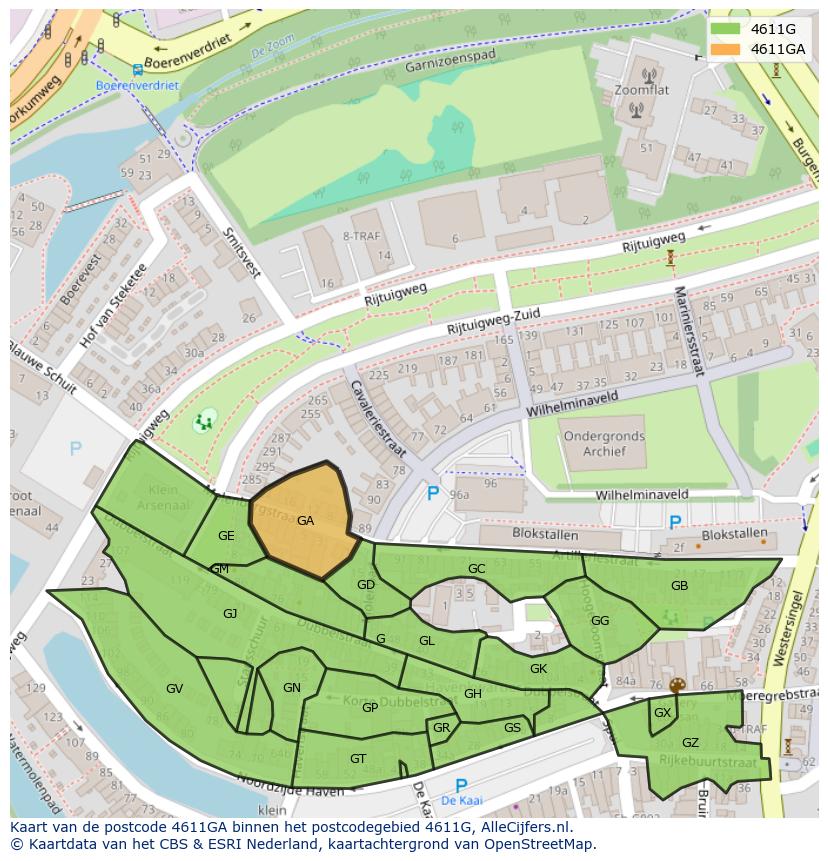 Afbeelding van het postcodegebied 4611 GA op de kaart.