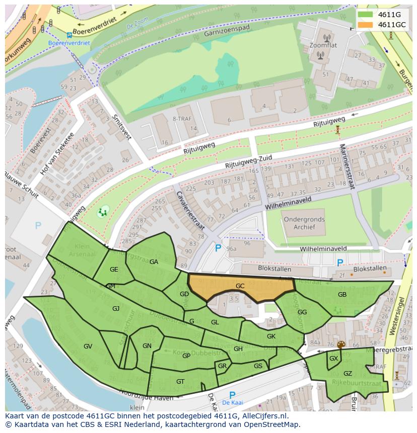 Afbeelding van het postcodegebied 4611 GC op de kaart.
