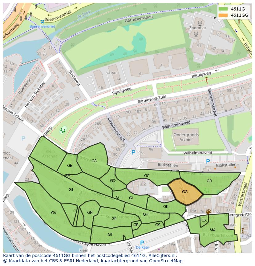 Afbeelding van het postcodegebied 4611 GG op de kaart.