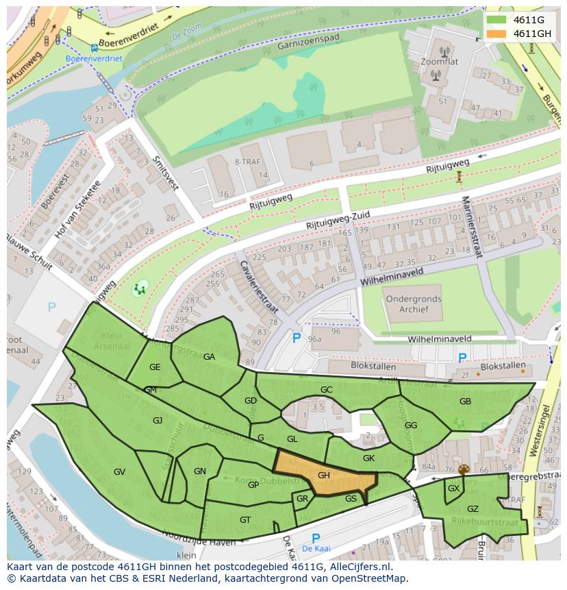 Afbeelding van het postcodegebied 4611 GH op de kaart.