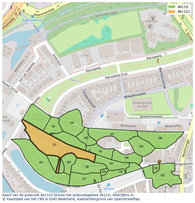 Afbeelding van het postcodegebied 4611 GJ op de kaart.