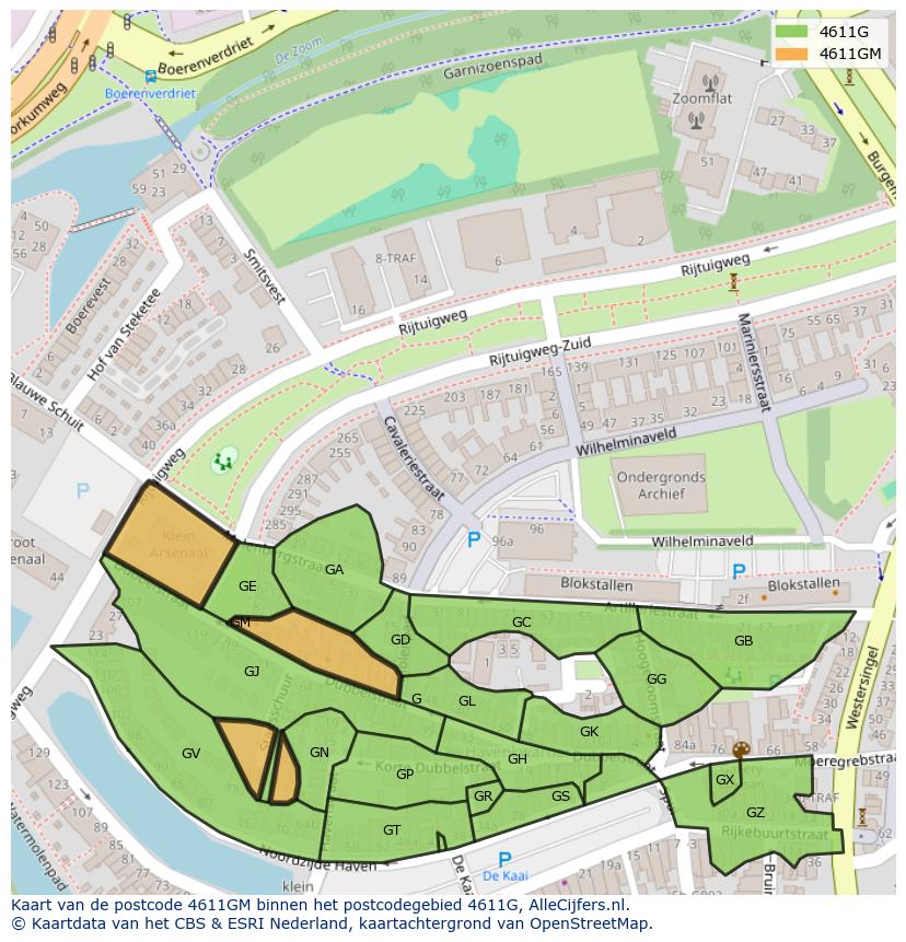 Afbeelding van het postcodegebied 4611 GM op de kaart.