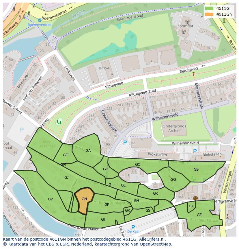 Afbeelding van het postcodegebied 4611 GN op de kaart.
