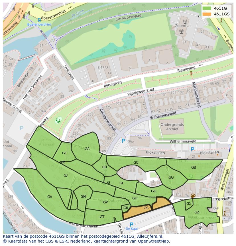 Afbeelding van het postcodegebied 4611 GS op de kaart.