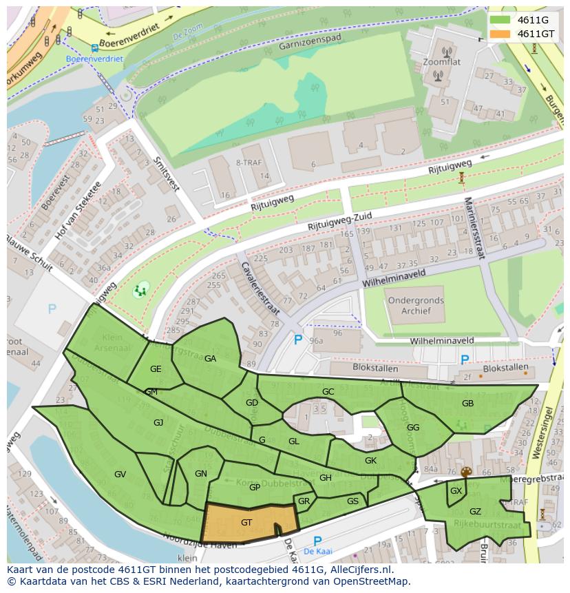 Afbeelding van het postcodegebied 4611 GT op de kaart.
