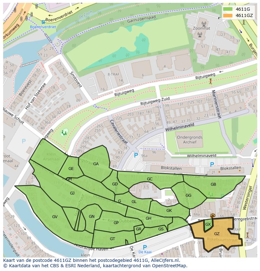 Afbeelding van het postcodegebied 4611 GZ op de kaart.
