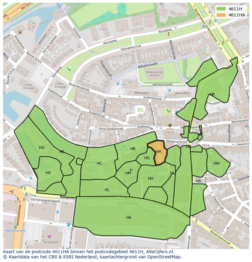 Afbeelding van het postcodegebied 4611 HA op de kaart.