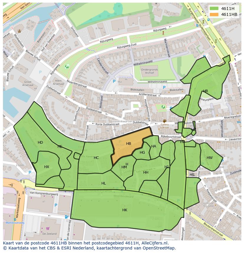 Afbeelding van het postcodegebied 4611 HB op de kaart.