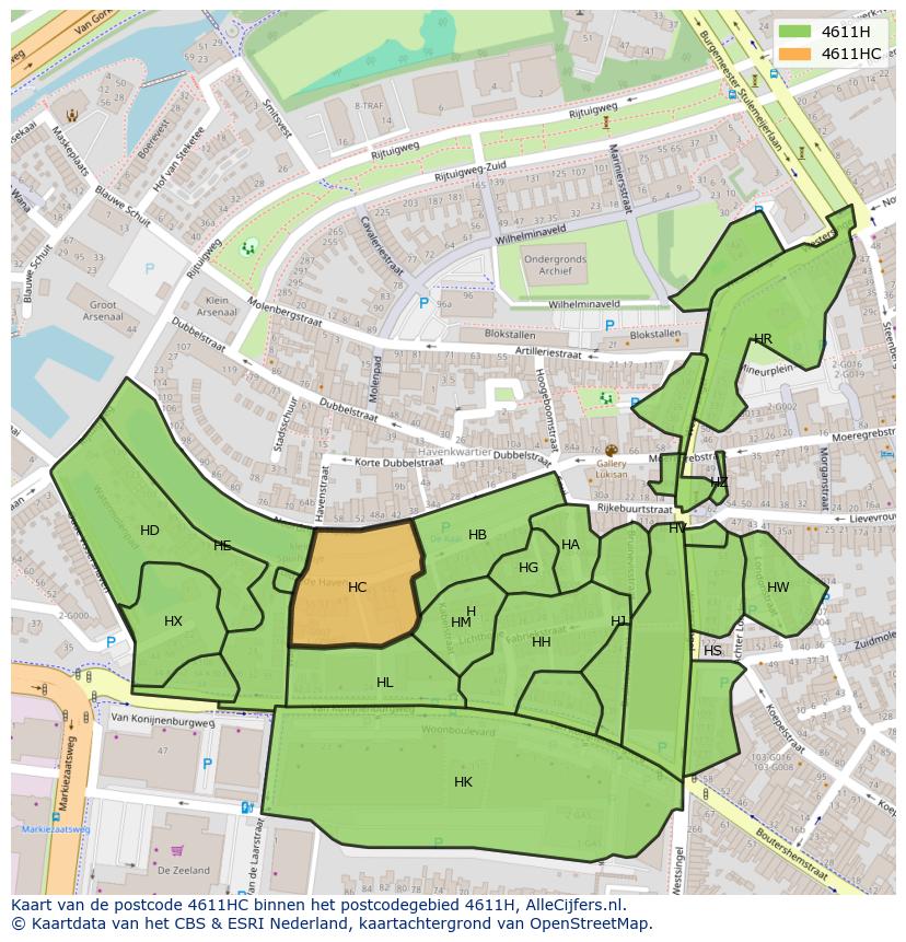 Afbeelding van het postcodegebied 4611 HC op de kaart.