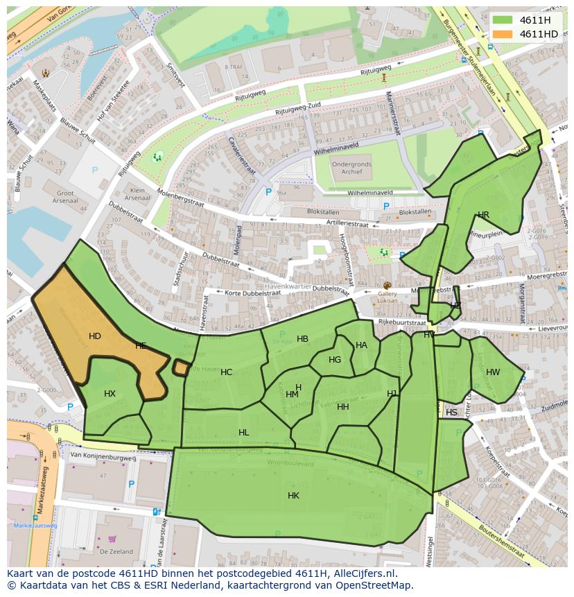 Afbeelding van het postcodegebied 4611 HD op de kaart.