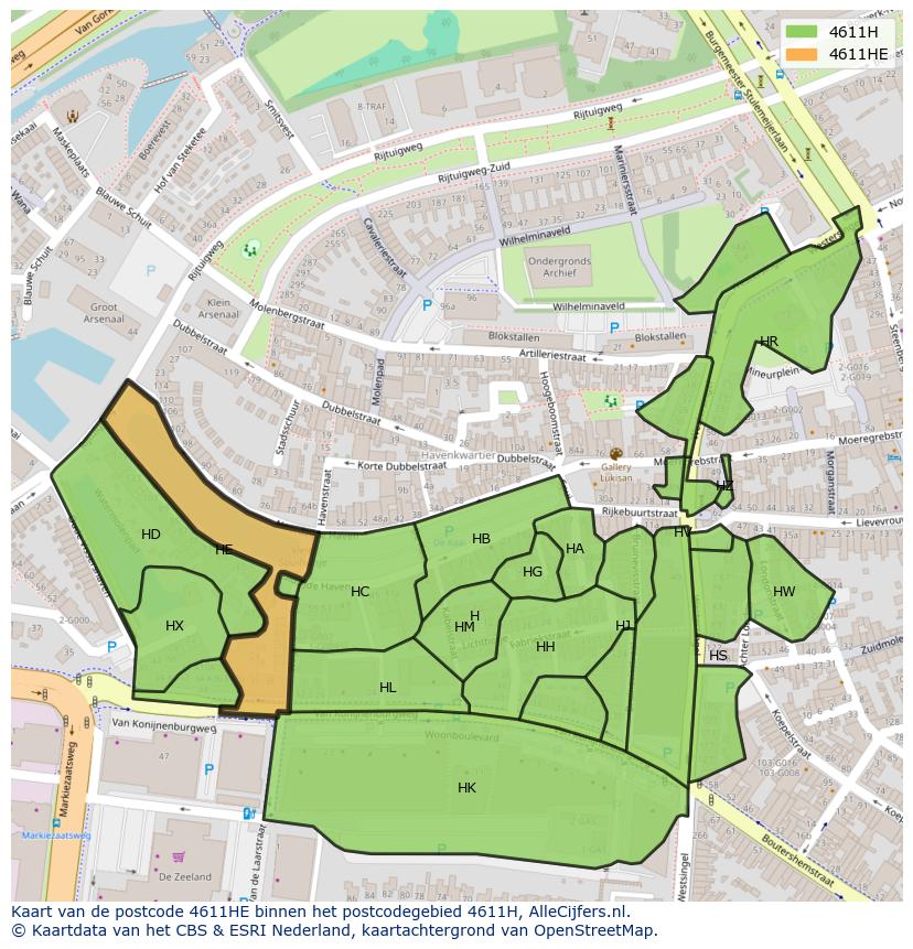 Afbeelding van het postcodegebied 4611 HE op de kaart.