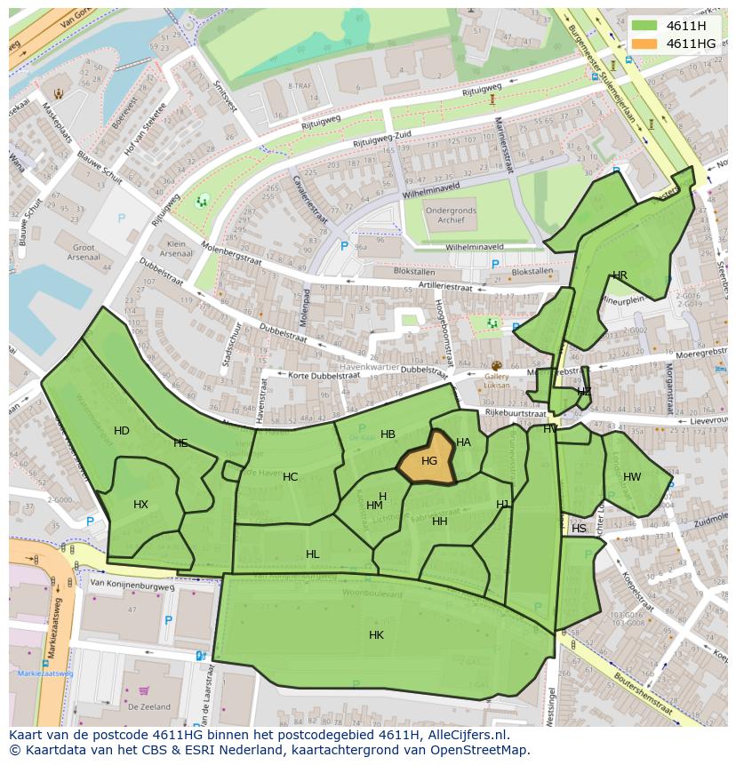 Afbeelding van het postcodegebied 4611 HG op de kaart.