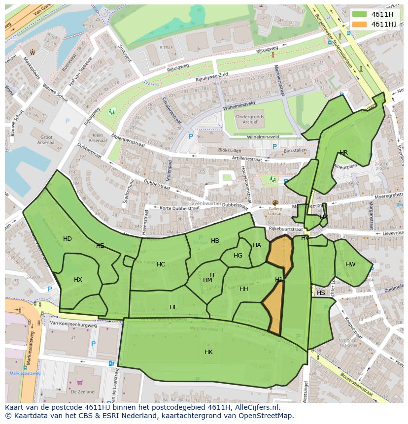 Afbeelding van het postcodegebied 4611 HJ op de kaart.