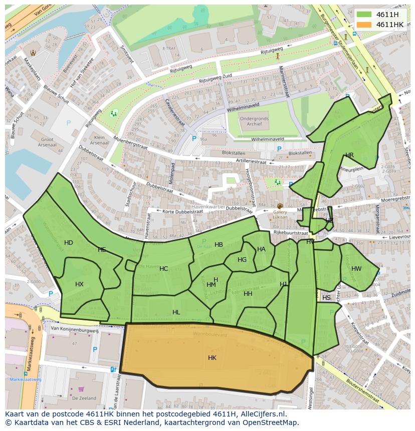 Afbeelding van het postcodegebied 4611 HK op de kaart.