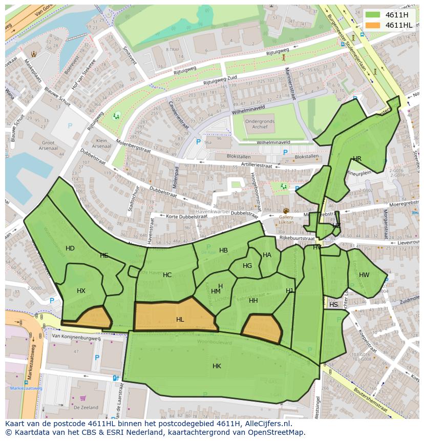 Afbeelding van het postcodegebied 4611 HL op de kaart.