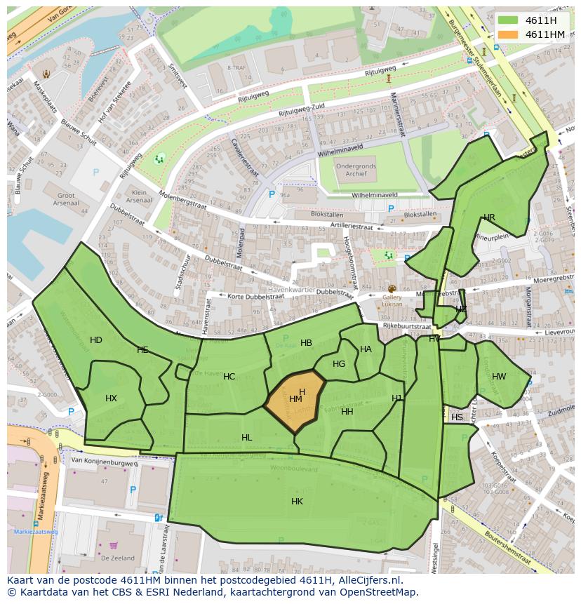 Afbeelding van het postcodegebied 4611 HM op de kaart.