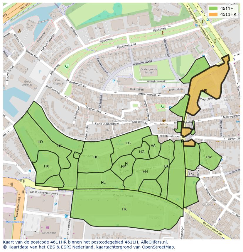 Afbeelding van het postcodegebied 4611 HR op de kaart.