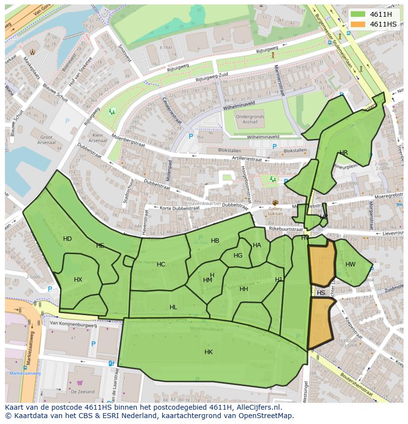 Afbeelding van het postcodegebied 4611 HS op de kaart.