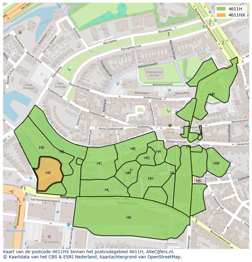 Afbeelding van het postcodegebied 4611 HX op de kaart.