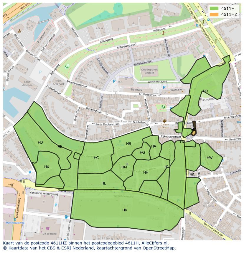 Afbeelding van het postcodegebied 4611 HZ op de kaart.