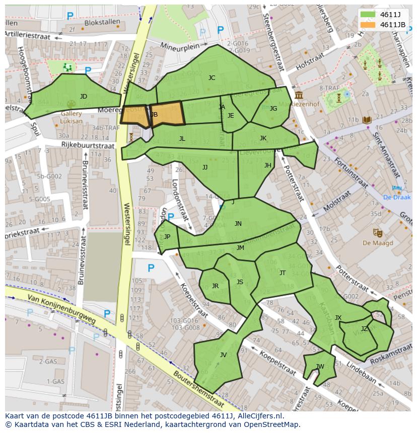 Afbeelding van het postcodegebied 4611 JB op de kaart.
