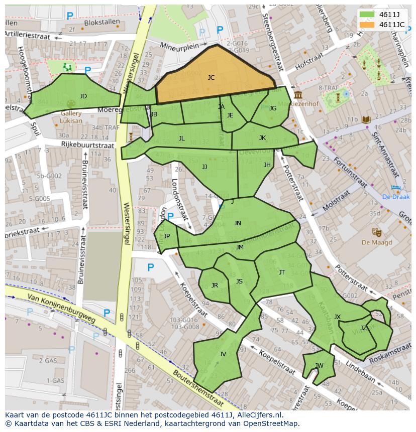 Afbeelding van het postcodegebied 4611 JC op de kaart.