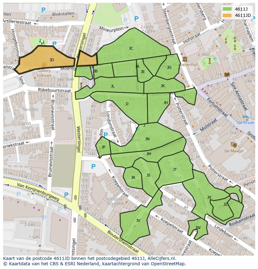 Afbeelding van het postcodegebied 4611 JD op de kaart.
