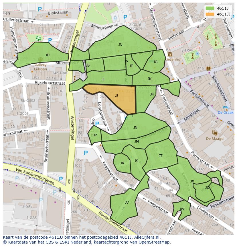 Afbeelding van het postcodegebied 4611 JJ op de kaart.