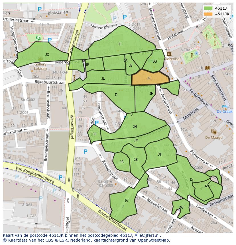 Afbeelding van het postcodegebied 4611 JK op de kaart.