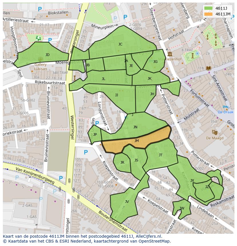 Afbeelding van het postcodegebied 4611 JM op de kaart.