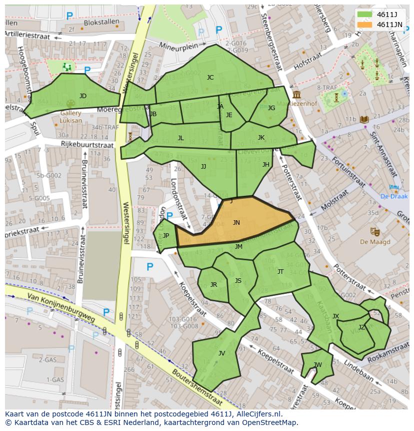 Afbeelding van het postcodegebied 4611 JN op de kaart.