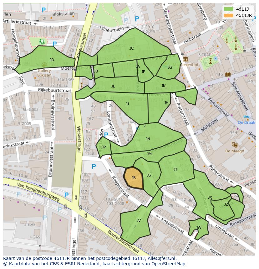 Afbeelding van het postcodegebied 4611 JR op de kaart.